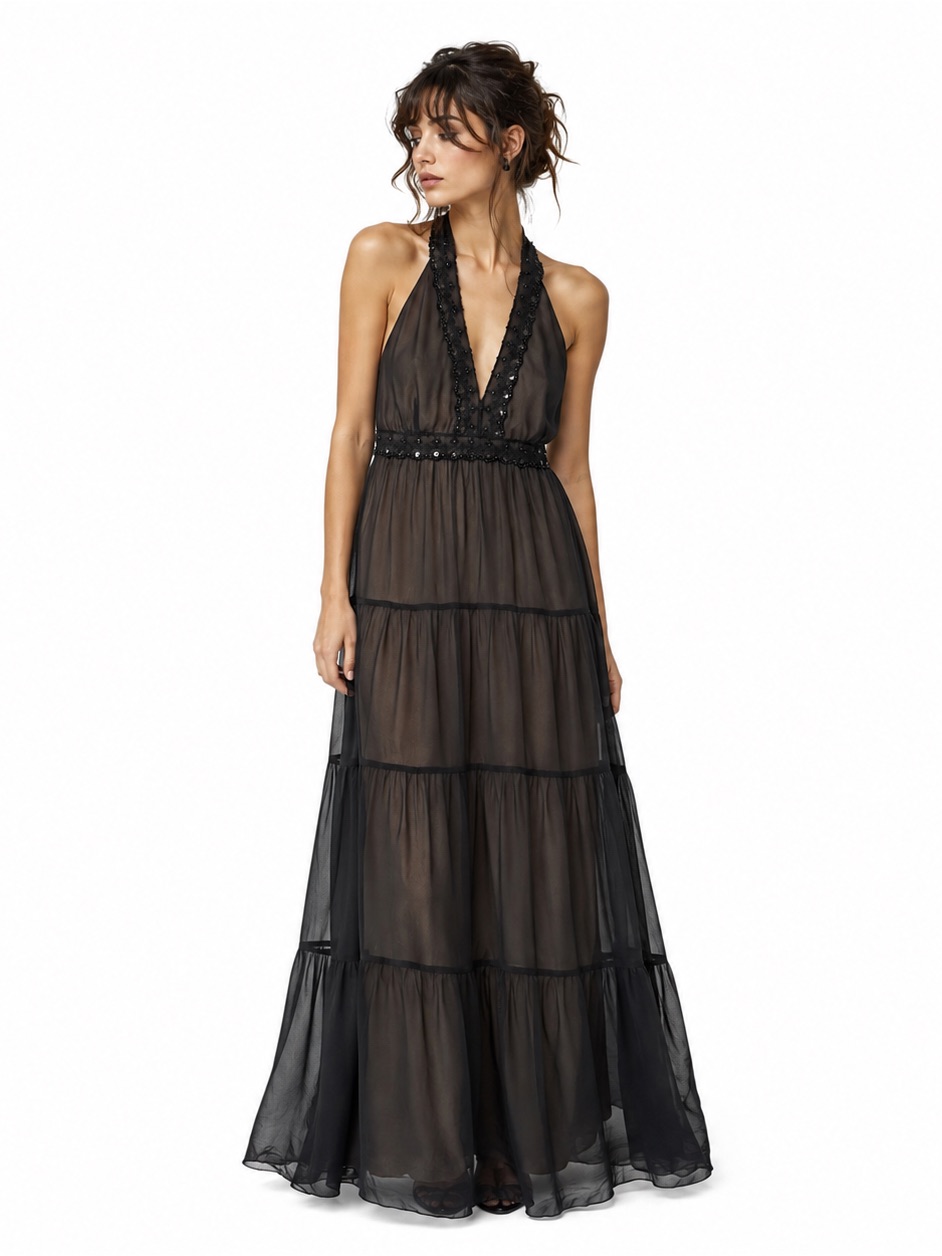 Bcbg Paris Black Silk Beaded Halter Maxi Dress Tiered Y2k Evening Cocktail Sz 8